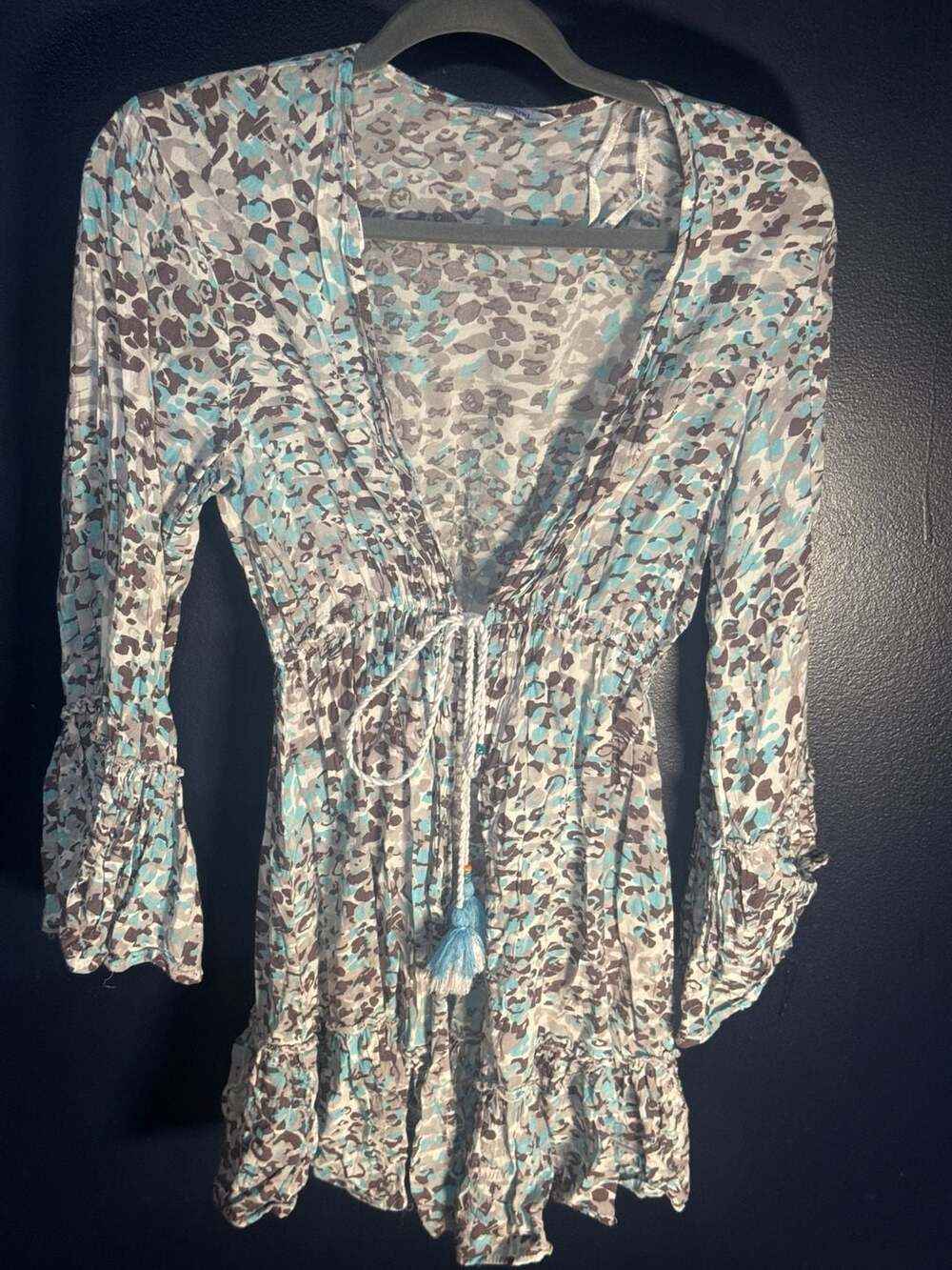 Blue Island Brown and Turquoise Animal Print Boho Mini Dress with Ruffle Sleeves